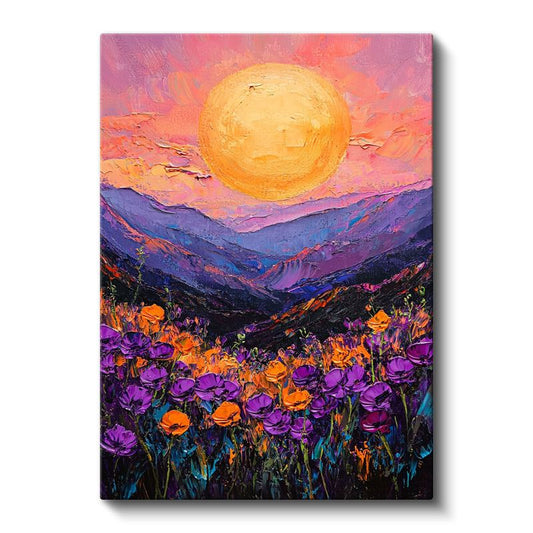 Mor Vadi - Tekstürlü Gün Batımı Manzarası Kanvas Tablo