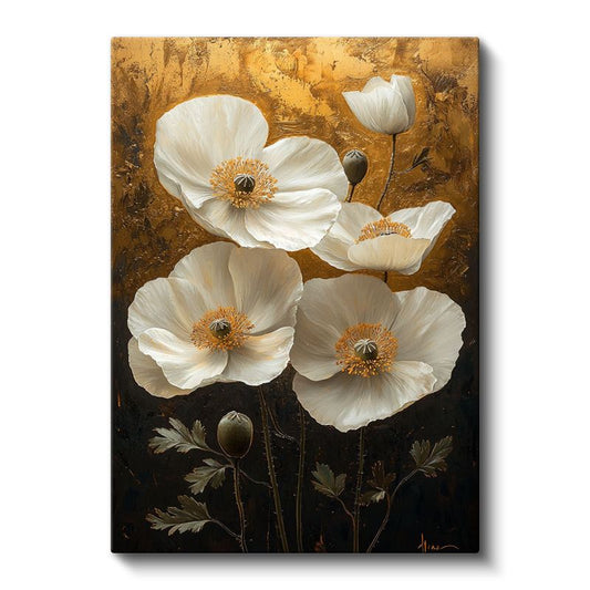 Beyaz Gelincikler - Altın Fonda Zarif Çiçekler Kanvas Tablo