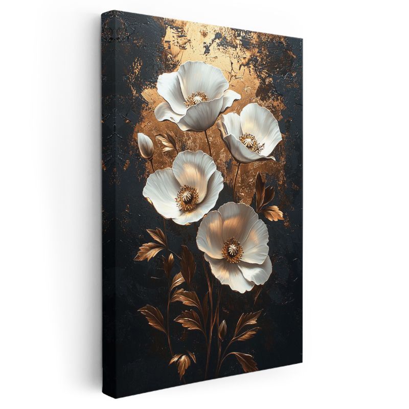 Altın Gelincikler - Lüks Siyah Zeminde Beyaz Çiçekler Kanvas Tablo