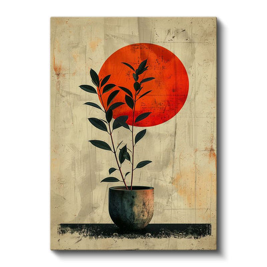 Minimalist Bitki - Kırmızı Güneş ve Saksıda Yapraklar Kanvas Tablo