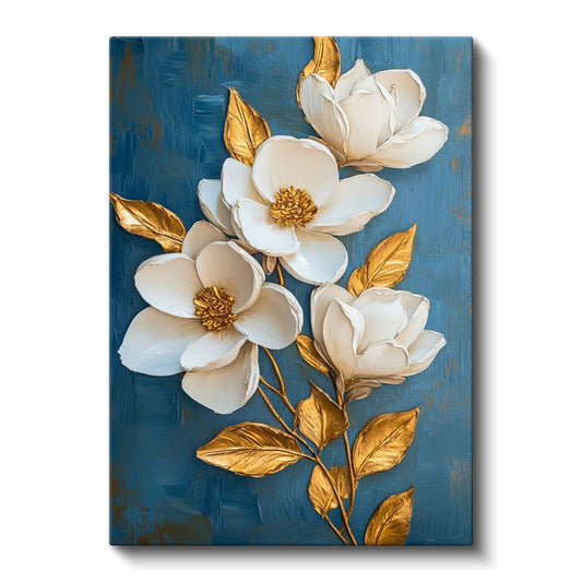 Altın Manolyalar - Mavi Zeminde Beyaz Çiçekler Kanvas Tablo