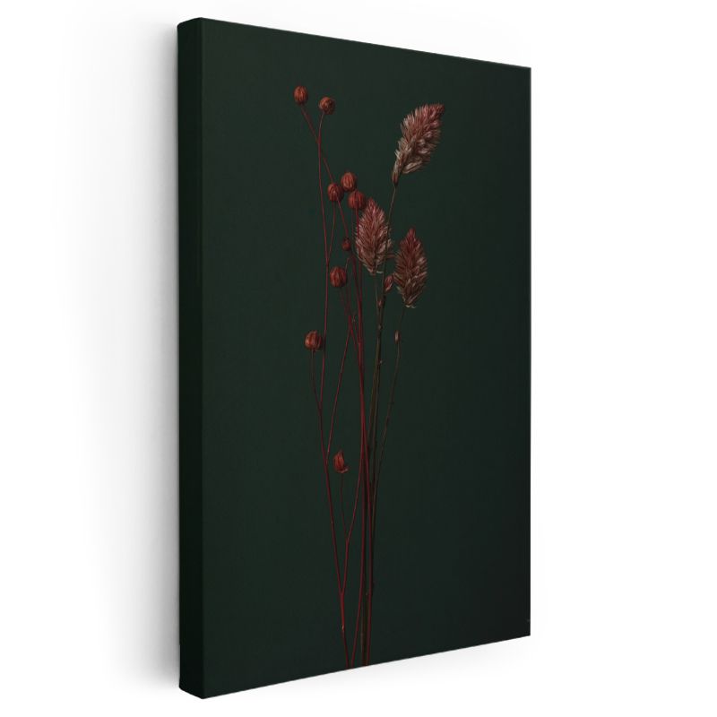 Kuru Çiçekler - Koyu Zeminde Dekoratif Bitki Siluetleri Kanvas Tablo