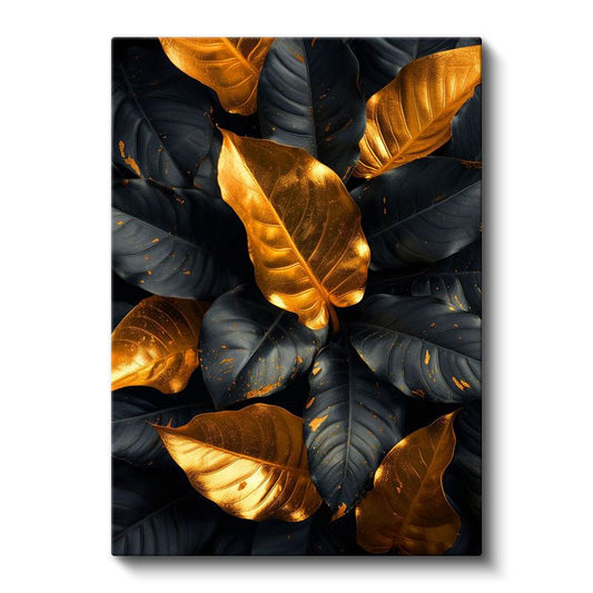 Lüks Yapraklar - Siyah Zeminde Altın Detaylı Botanik Kanvas Tablo