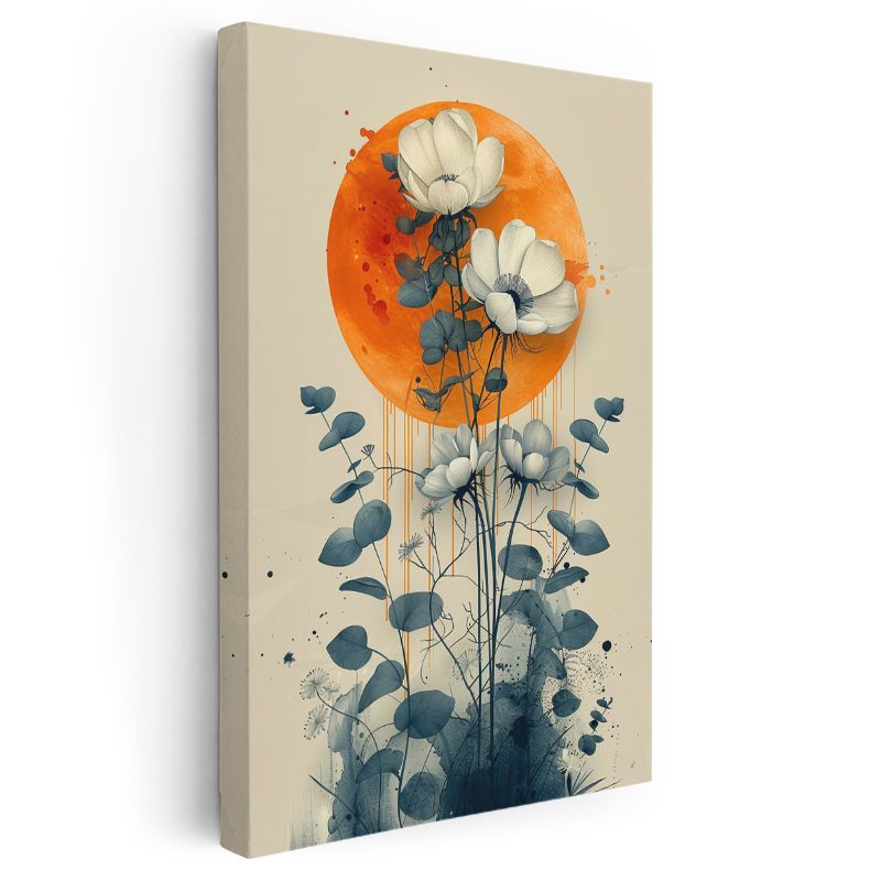 Ay Işığında Çiçekler - Turuncu Daire Fonlu Minimalist Çiçek Kanvas Tablo