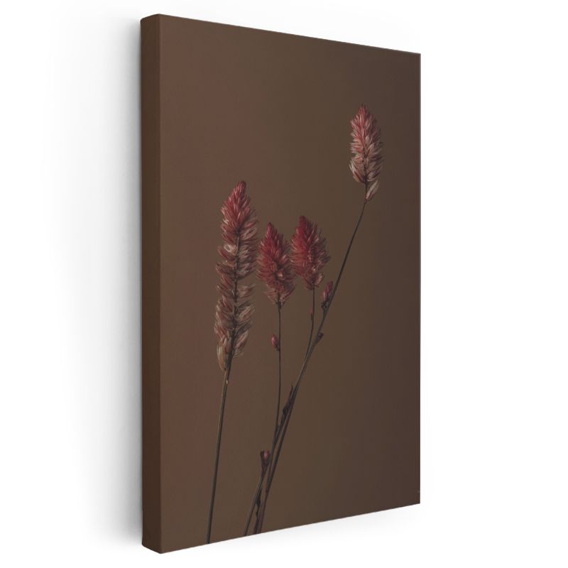 Kızıl Başaklar - Kahverengi Fonda Minimalist Bitki Silueti Kanvas Tablo