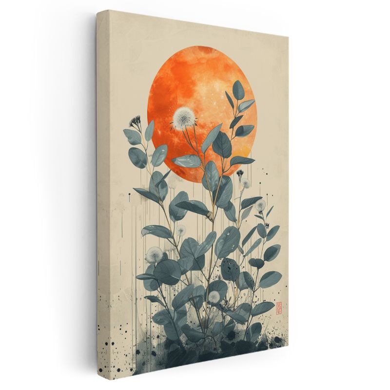 Okaliptus Dalları - Turuncu Güneş Fonlu Modern Botanik Kanvas Tablo