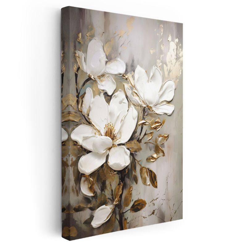 Zarif Manolyalar - Altın Yapraklı Beyaz Çiçek Kompozisyonu Kanvas Tablo