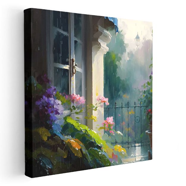 Yağmurlu Bahçe - Pencere Önünde Romantik Çiçek Kompozisyonu Kanvas Tablo