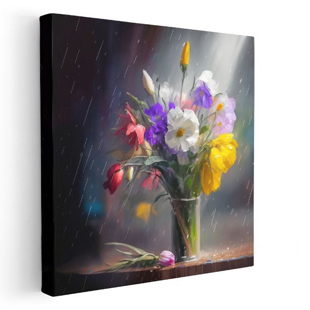 Yağmurlu Natürmort - Cam Vazoda Renkli Çiçek Buketi Kanvas Tablo