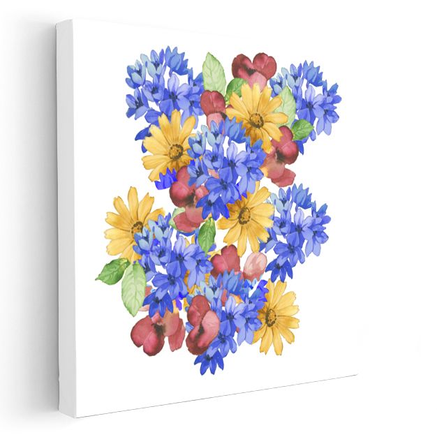 Kır Çiçekleri Buketi - Mavi Sarı Kırmızı Çiçek Aranjmanı Kanvas Tablo