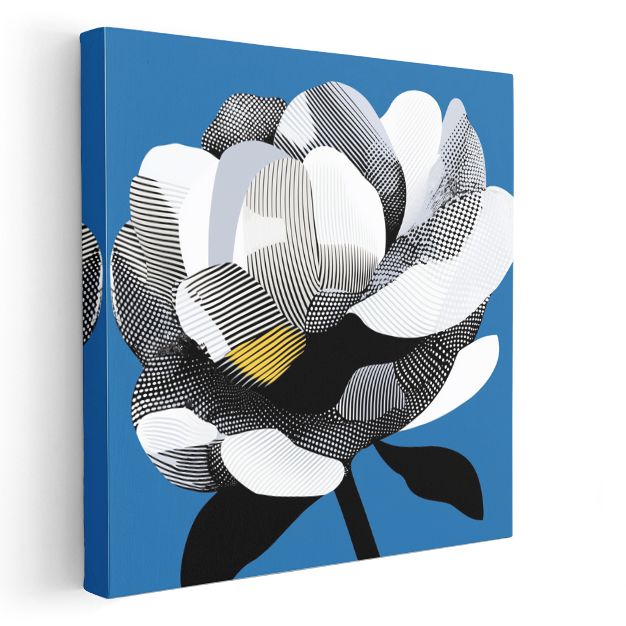 Modern Kamelya - Mavi Fonda Siyah Beyaz Çizgili Çiçek Kanvas Tablo