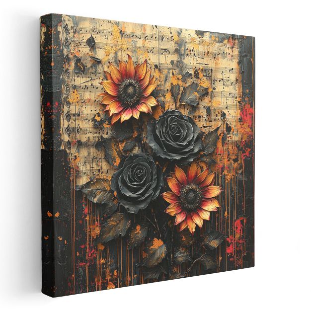 Dramatik Çiçekler - Koyu Fonda Ayçiçeği ve Siyah Güller Kanvas Tablo