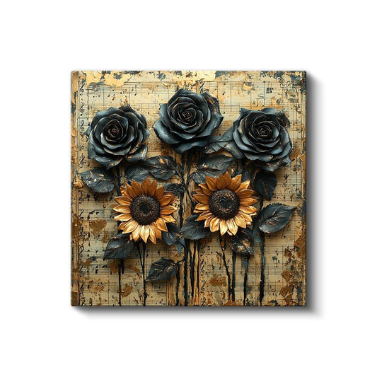 Müzikal Kompozisyon - Nota Kağıdı Üzerinde Ayçiçeği ve Güller Kanvas Tablo