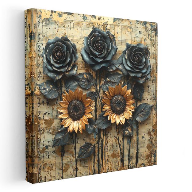 Müzikal Kompozisyon - Nota Kağıdı Üzerinde Ayçiçeği ve Güller Kanvas Tablo