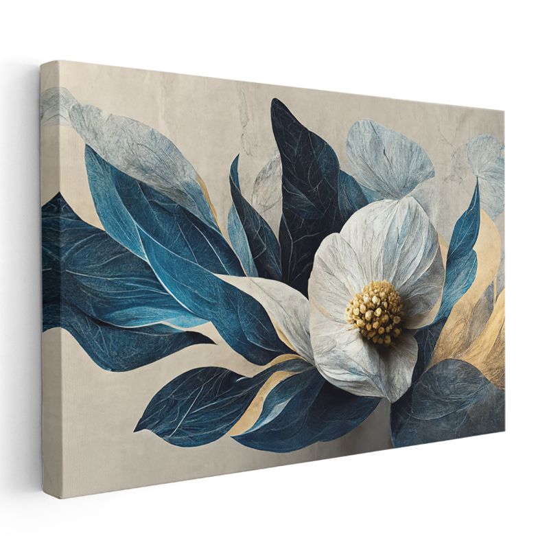Mavi Yapraklı Beyaz Çiçek - Krem Fonda Modern Botanik Tasarım Kanvas Tablo