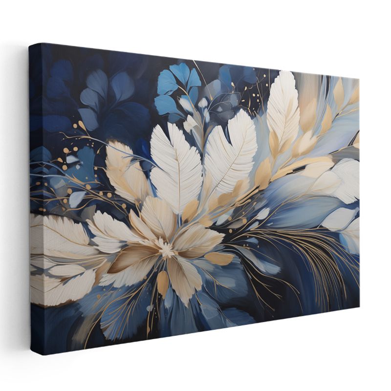 Beyaz Papatya - Mavi ve Altın Detaylı Sanatsal Kompozisyon Kanvas Tablo