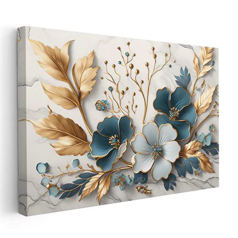 Zarif Çiçekler - Altın Detaylı Mavi ve Mor Çiçek Kompozisyonu Kanvas Tablo