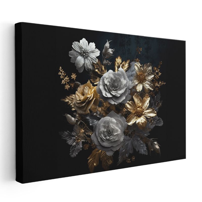 Beyaz Çiçek - Altın Vurgulu Minimalist Çiçek Sanatı Kanvas Tablo