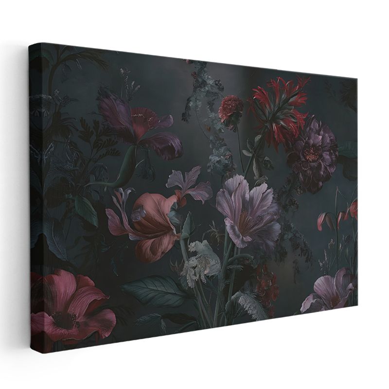 Lacivert Çiçek - Altın Yapraklı Lüks Çiçek Tasarımı Kanvas Tablo