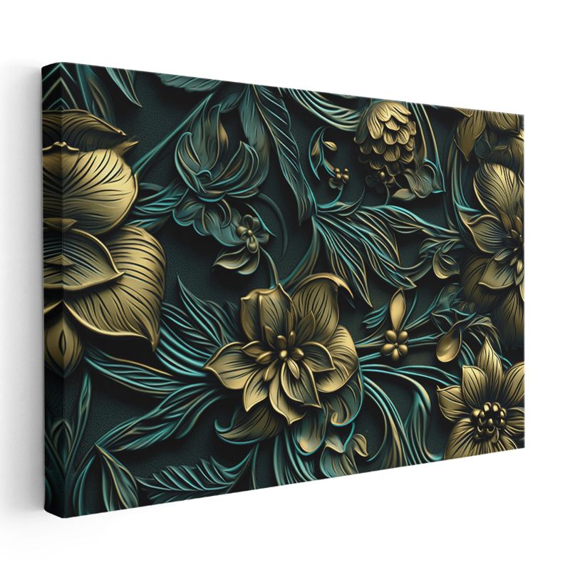 Mavi Altın Yapraklar - Zarif Çiçek ve Yaprak Kompozisyonu Kanvas Tablo