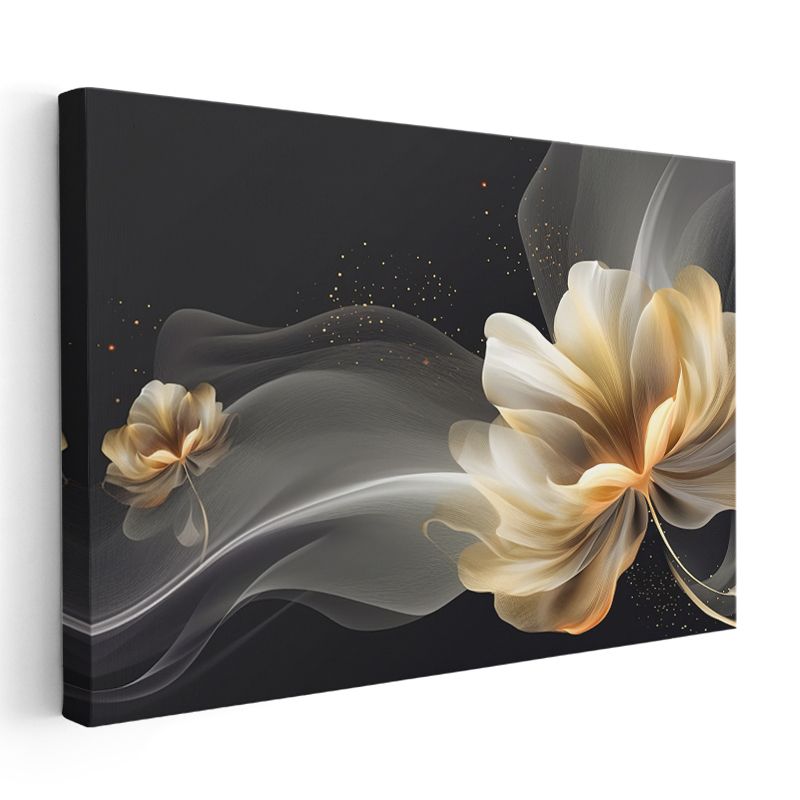 Kış Çiçekleri - Gri Fonda Beyaz Çiçek Dalları Kanvas Tablo