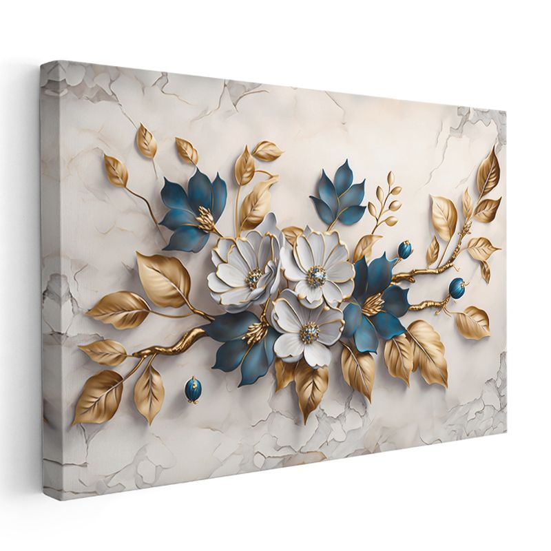 Beyaz Çiçek - Mor Mermer Zeminde Altın Detaylı Tasarım Kanvas Tablo