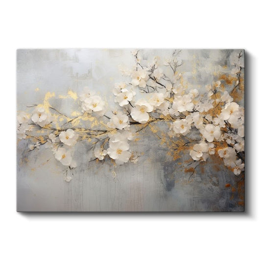 Turkuaz Çiçekler - Altın Detaylı Zarif Çiçek Dizilimi Kanvas Tablo