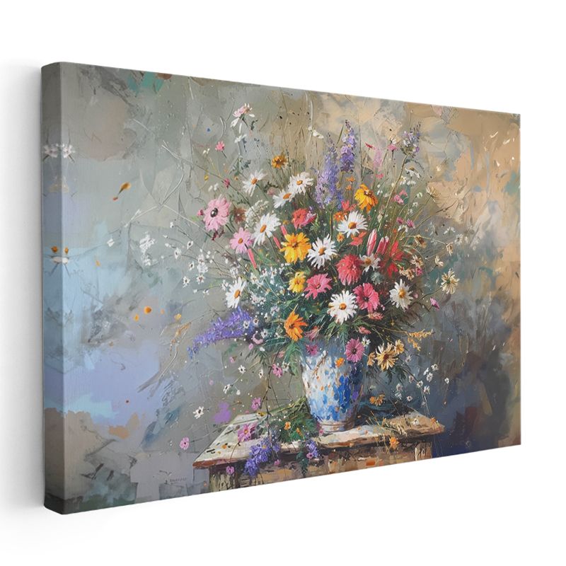 Beyaz Altın Çiçekler - Siyah Fonda Zarif Çiçek Aranjmanı Kanvas Tablo