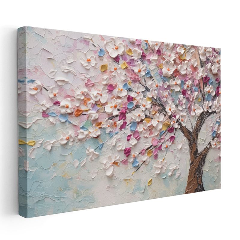 Mavi Beyaz Çiçekler - Mermer Zeminde D Çiçek Kompozisyonu Kanvas Tablo