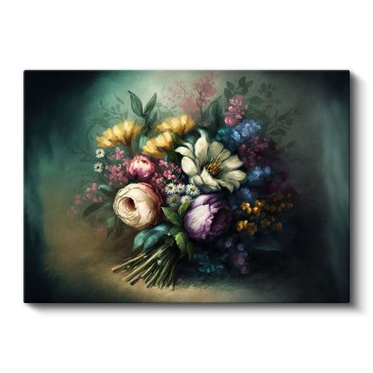 Krem Çiçekler - Mavi Fonda Zarif Çiçek Dalları Kanvas Tablo