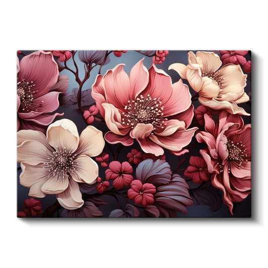 Beyaz Çiçekler - Gri Fonda Altın Detaylı Dal Kanvas Tablo