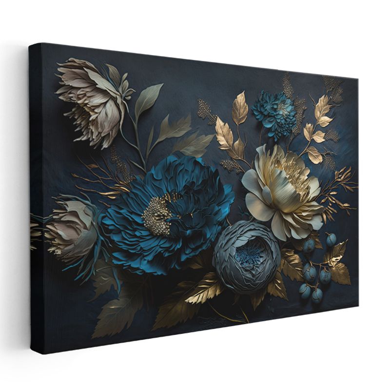 Pembe Çiçekler - Altın Yapraklı Zarif Kompozisyon Kanvas Tablo