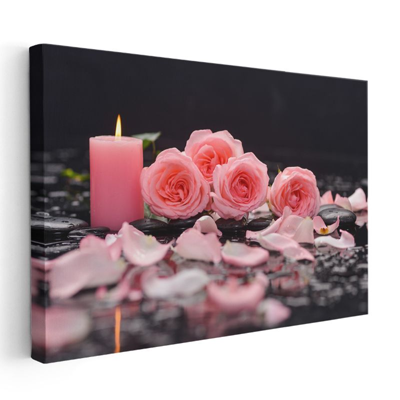 Pembe Güller - Mum Işığında Romantik Kompozisyon Kanvas Tablo