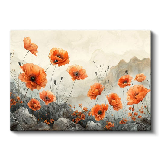 Turuncu Gelincikler - Dağ Manzaralı Yağlı Boya Kanvas Tablo