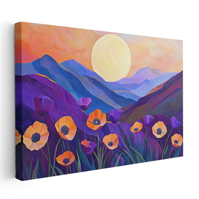 Dağ Manzarası - Gelincik Tarlalı Gün Batımı Kanvas Tablo