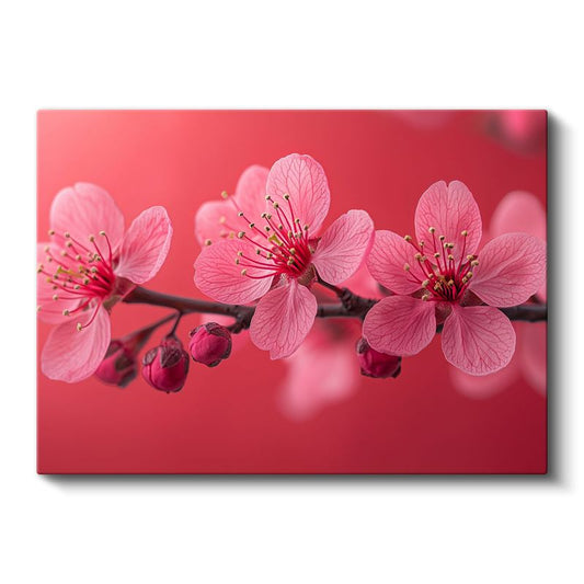 Pembe Çiçekler - Kırmızı Fonlu Bahar Dalı Kanvas Tablo