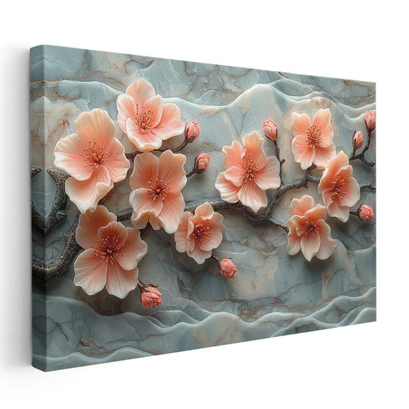 Şeftali Çiçekleri - Mermer Dokulu 3D Kanvas Tablo