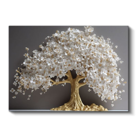 Altın Ağaç - Beyaz Çiçekli Lüks Dekoratif Sanat Kanvas Tablo