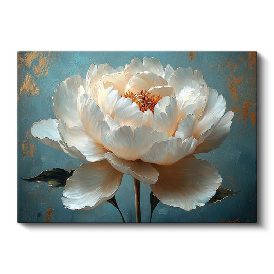 Beyaz Şakayık - Turkuaz Fonda Altın Detaylı Zarif Çiçek Kanvas Tablo