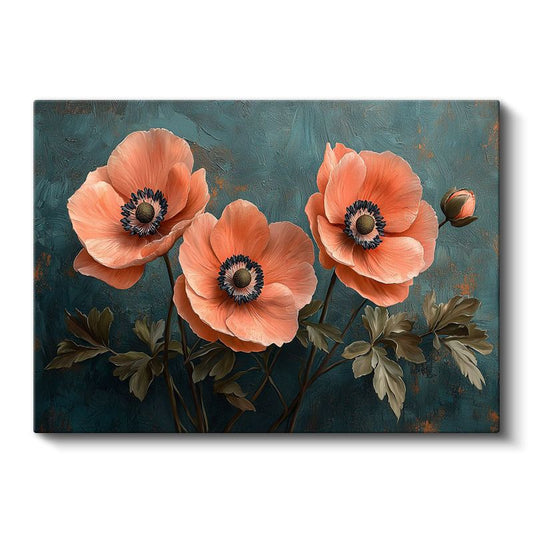 Mercan Gelincikler - Turkuaz Fonda Üçlü Çiçek Kompozisyonu Kanvas Tablo