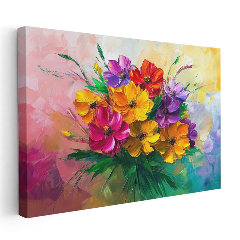 Renkli Çiçek Buketi - Canlı Renklerde Empresyonist Tarz Kanvas Tablo