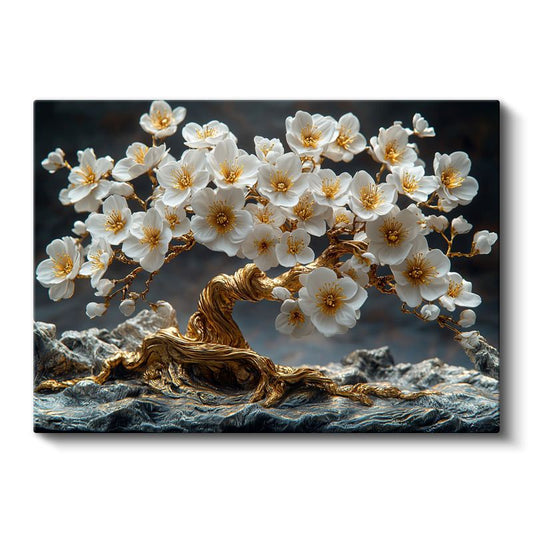 Altın Kiraz Çiçeği - Dekoratif Bonsai Ağacı Tasarımı Kanvas Tablo