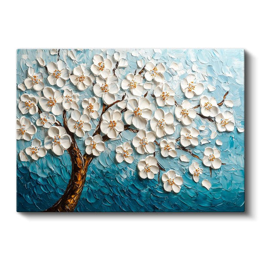 Beyaz Çiçek Ağacı - Mavi Fonda Kabartma Görünümlü Tekstürlü Kanvas Tablo