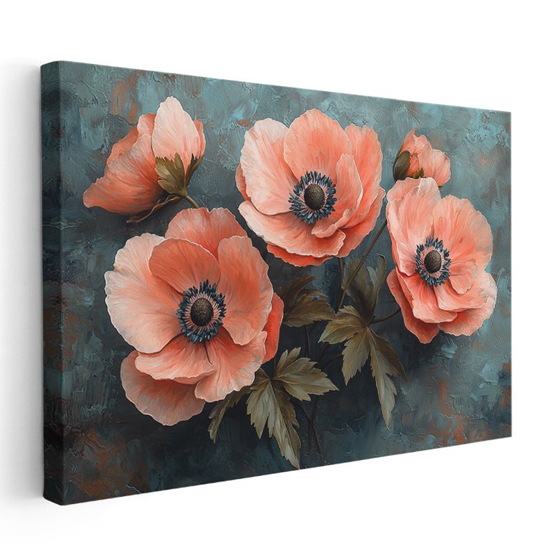 Somon Gelincikler - Turkuaz Fonda Yağlı Boya Tekniği Kanvas Tablo