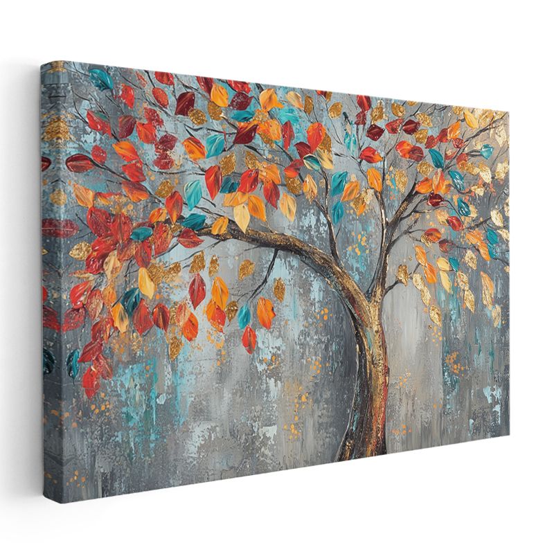 Sonbahar Ağacı - Renkli Yapraklı Altın Gövdeli Sanat Kanvas Tablo