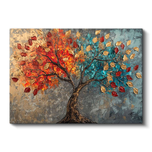 Renkli Sonbahar Ağacı - Tekstürlü Yaprak Detaylı Sanat Kanvas Tablo