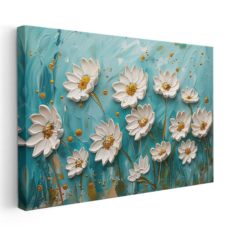 Altın Nilüfer - Turkuaz Dalgalı Suda Işıltılı Çiçek Kanvas Tablo