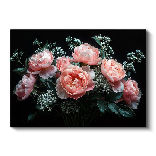 Pembe Şakayıklar - Çiy Damlacıklı Zarif Buket Kanvas Tablo