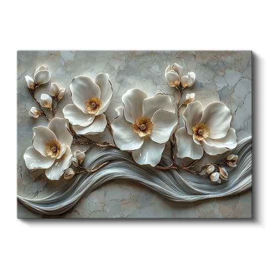 Beyaz Magnolya - Gri Mermer Dokulu Kabartma Görünümlü Sanat Kanvas Tablo
