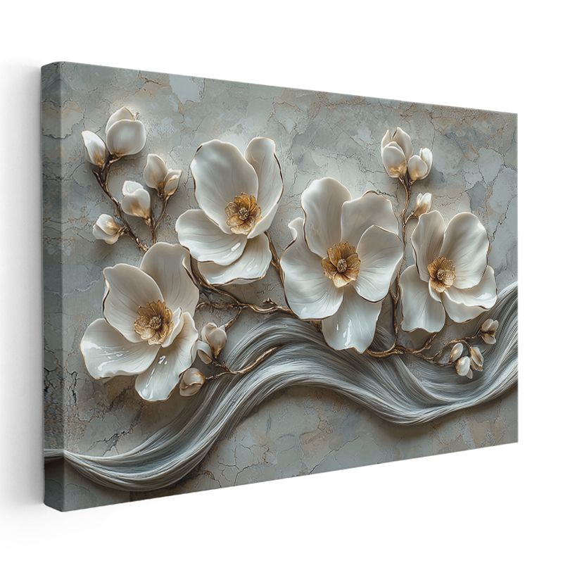 Beyaz Magnolya - Gri Mermer Dokulu Kabartma Görünümlü Sanat Kanvas Tablo